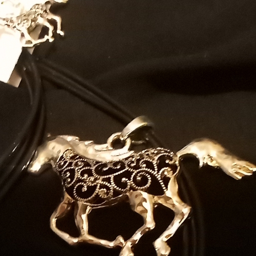 Silver and Black Horse Pendant Necklace Earrings Set